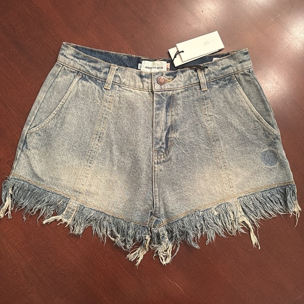 Brand New Honor The Gift Denim Fringe Shorts Light Indigo Boho Blue Jean Shorts